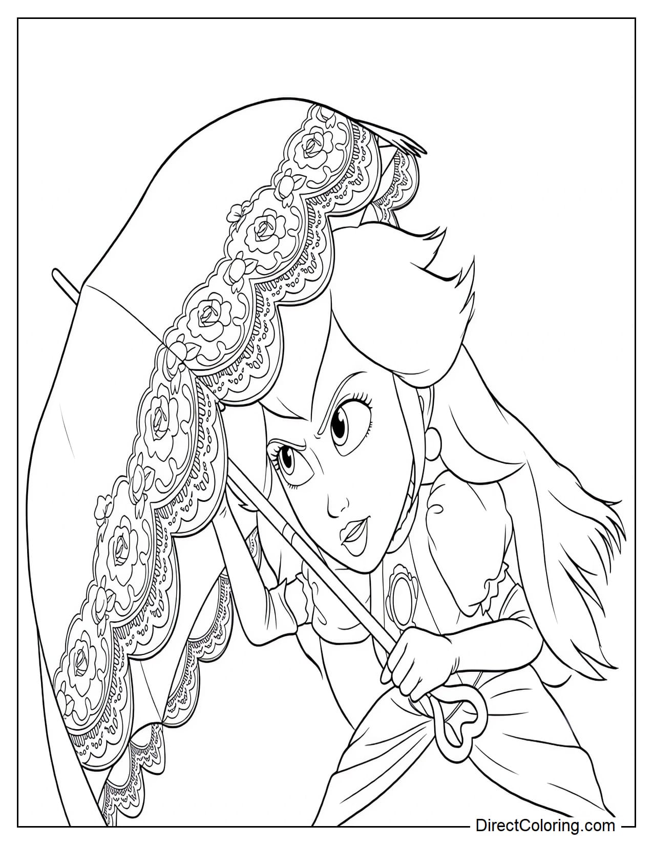 Princess Peach raises her beautiful pink lace umbrella as a shield, ready to defend herself against any danger.