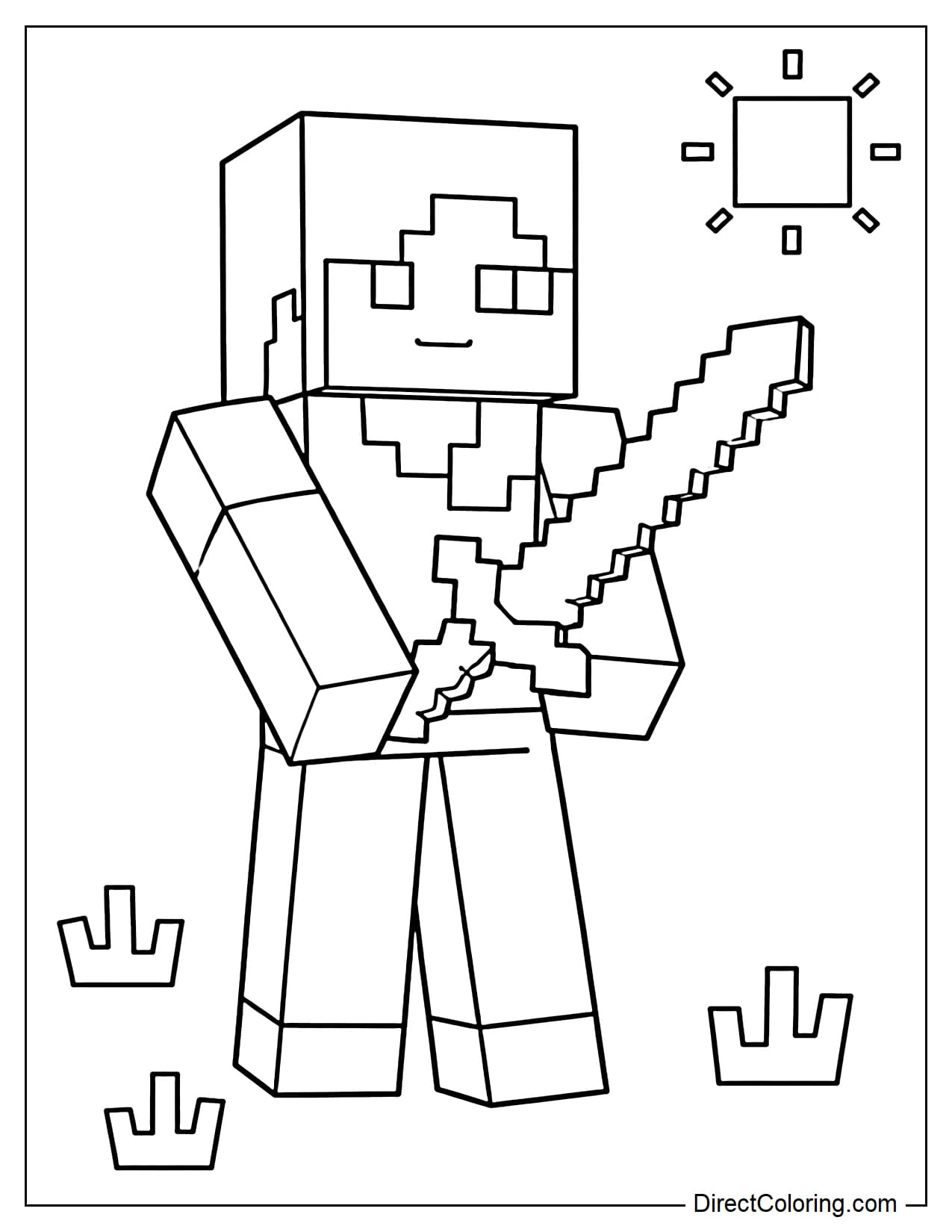 Alex stands holding a sword in front of her in a simple pose, with a few blocky grass patches and a small square sun around her.