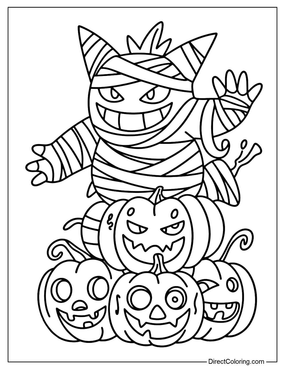 Coloring page of Gengar wrapped in bandages like a mummy, standing behind a pumpkin tower.