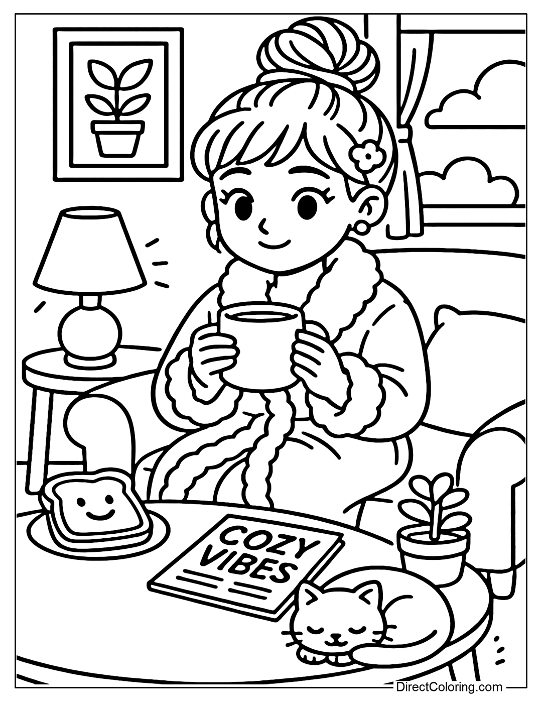 Coloring page of a girl enjoying a relaxing morning with a cup of coffee in a warm and inspiring space.