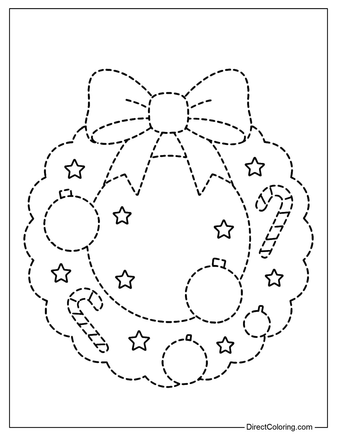 A Christmas wreath tracing coloring page with a bow, some round baubles, mini candy canes, and small stars.