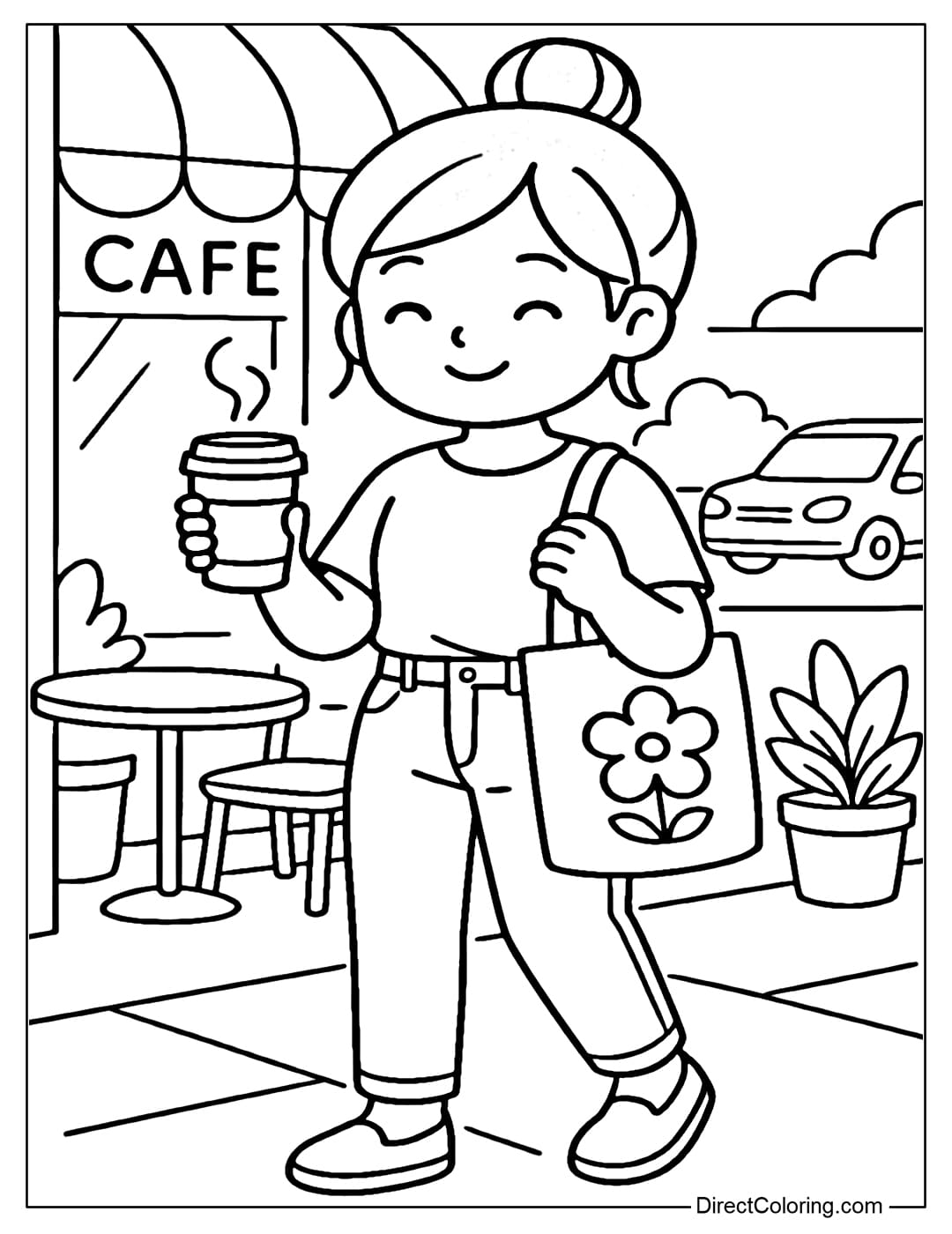 Coloring Page of a girl with a high bun, a few strands of hair loose on both sides for a natural look. One hand holds a cup of coffee, the other hand holds a floral printed fabric tote bag.