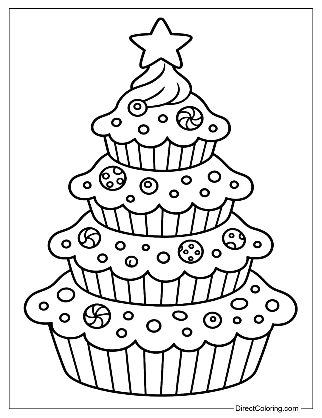A coloring page of a tree made of multi-layered cupcakes, covered with frosting and candy toppings.