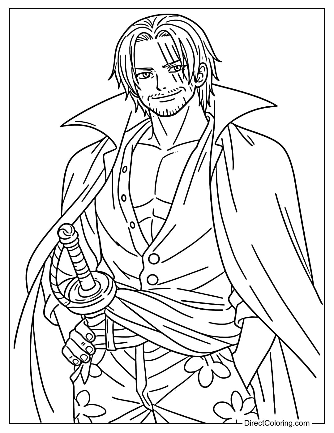 Shanks is wearing an unbuttoned shirt revealing his chest muscles, a large fabric belt, floral-patterned pants, and a long cloak draped over his shoulders, holding the hilt of the Gryphon sword.