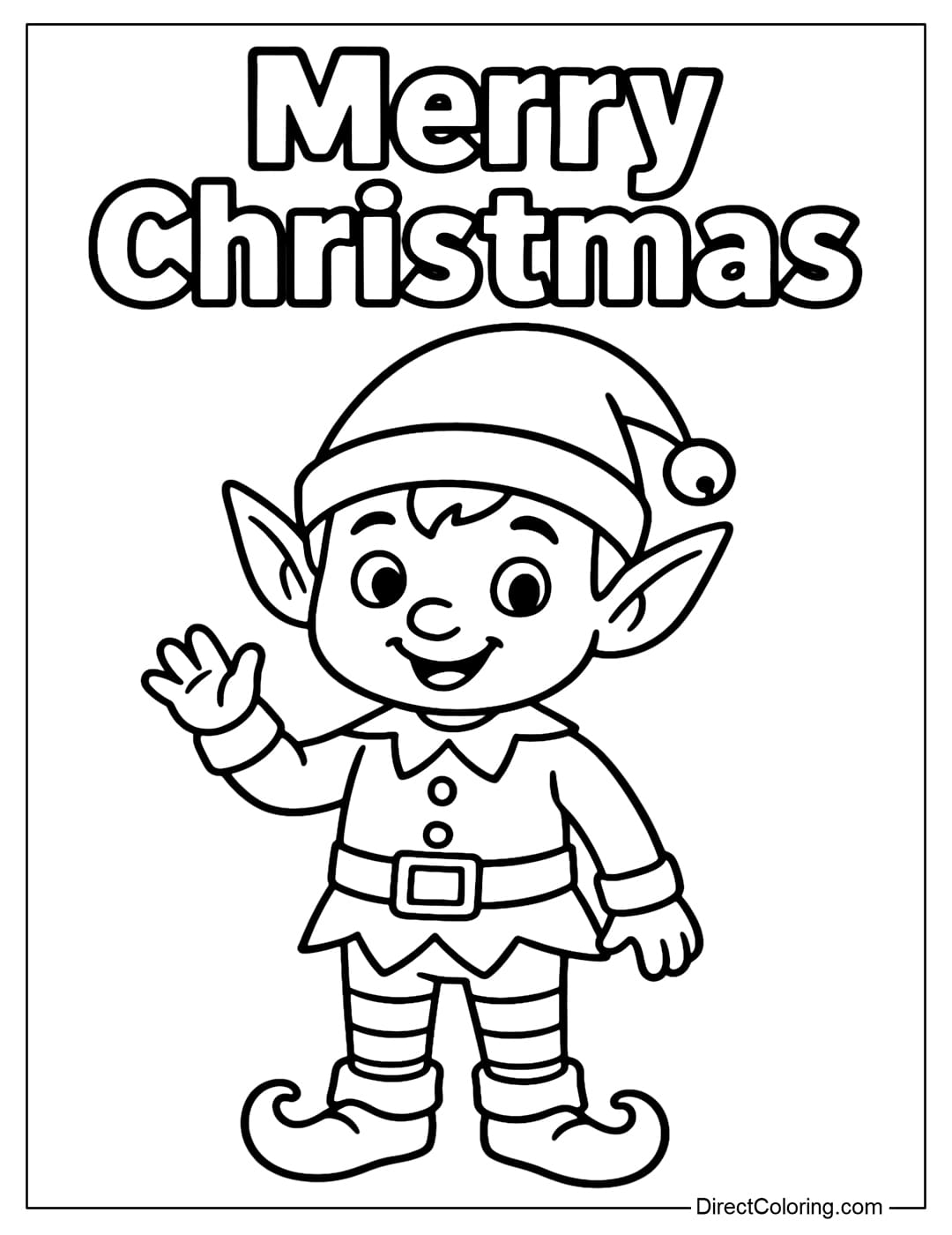 Cute classic elf coloring page, hand raised in greeting, above is the text Merry Christmas.