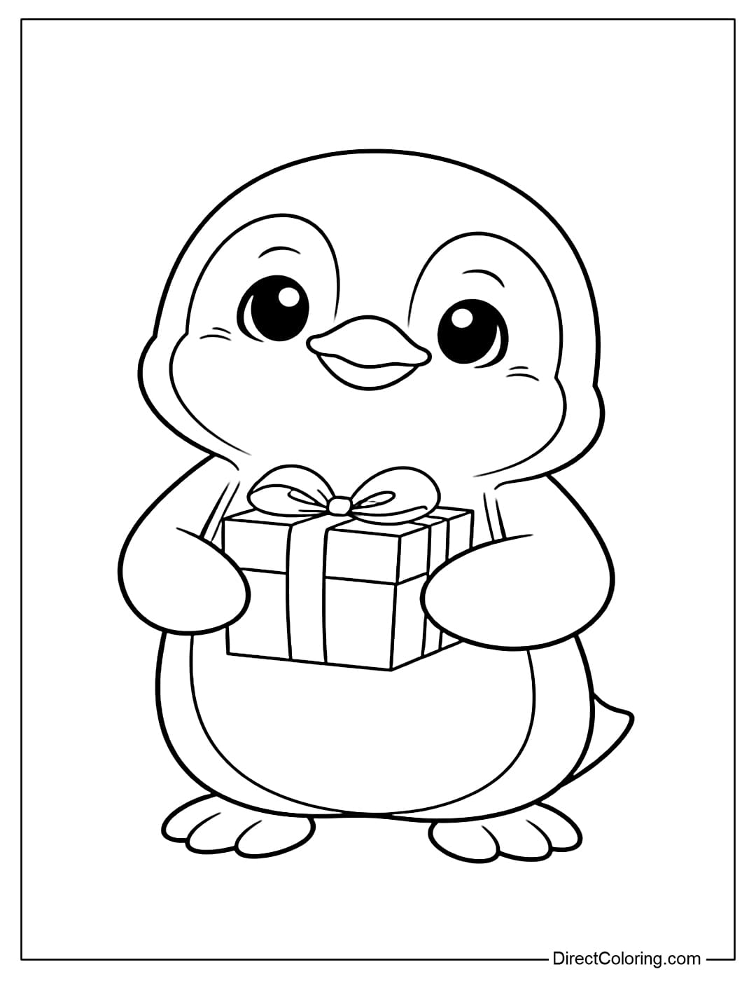A coloring page of a penguin holding a small gift box and smiling.