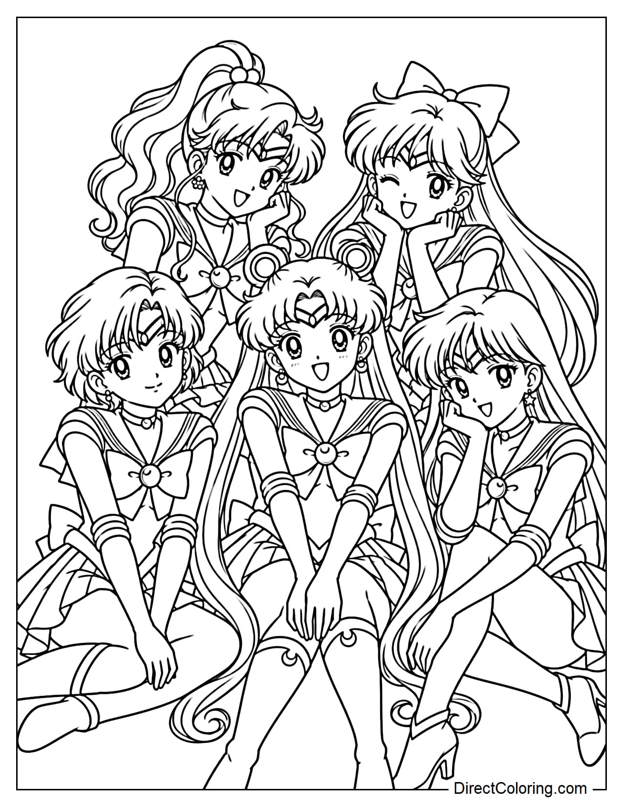 The five Sailor Guardians: Sailor Moon, Sailor Mercury, Sailor Mars, Sailor Jupiter, and Sailor Venus, sit together in a cute, charming group pose.