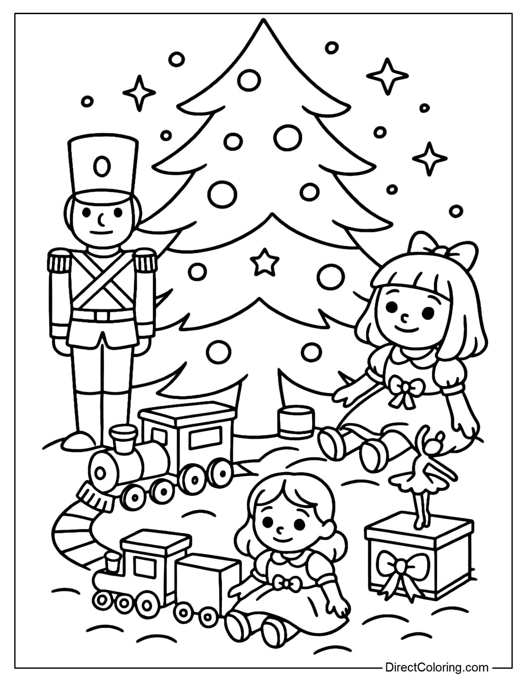A coloring page of a giant Christmas tree in the middle of a toy kingdom: tin soldiers, dolls, small trains, music boxes.