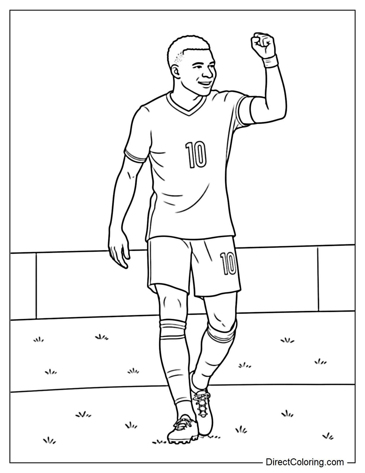 Kylian Mbappé, wearing a number 10 football jersey, is walking on the grass and raising a fist in celebration, his face beaming with confidence.