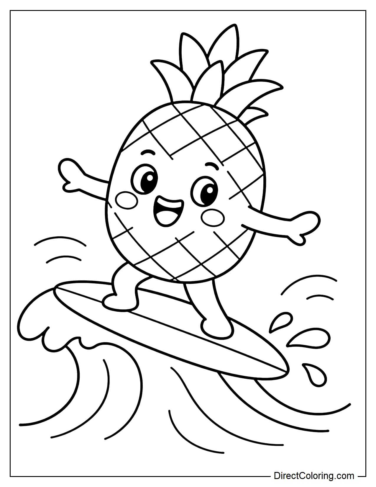 A cute pineapple is surfing on a simple surfboard.