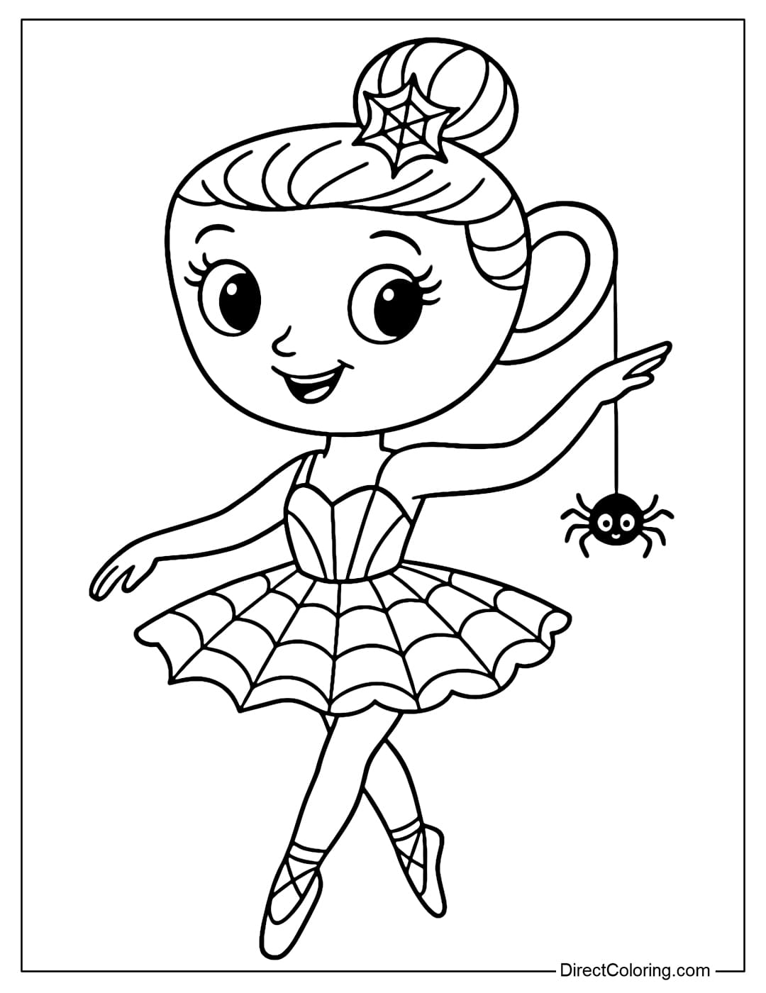 Ballerina Cappuccina Coloring Page in Spider Queen costume, tutu skirt with thin silk thread like spider web, hair bun with small spider web.