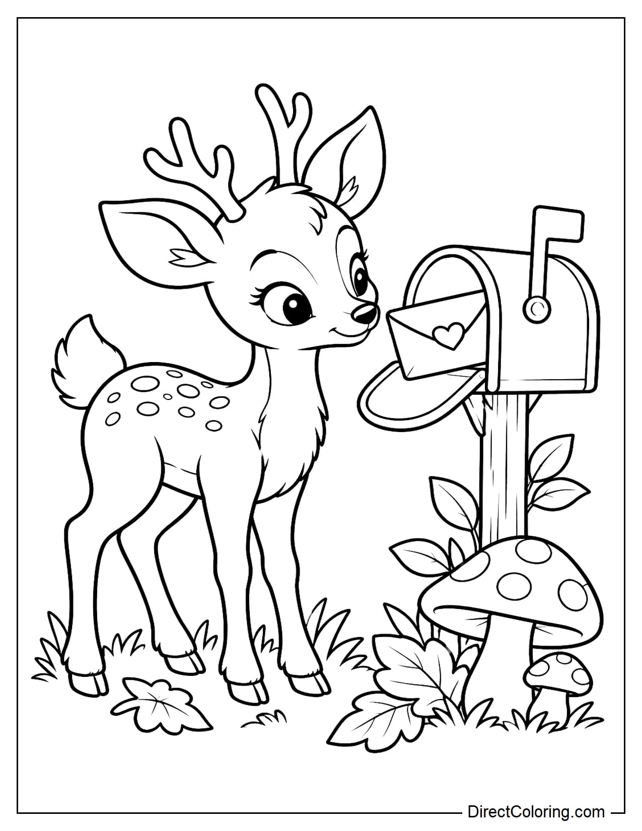 A deer standing beside a woodland mailbox on a low post, with two mushrooms and a small tuft of grass at its base.