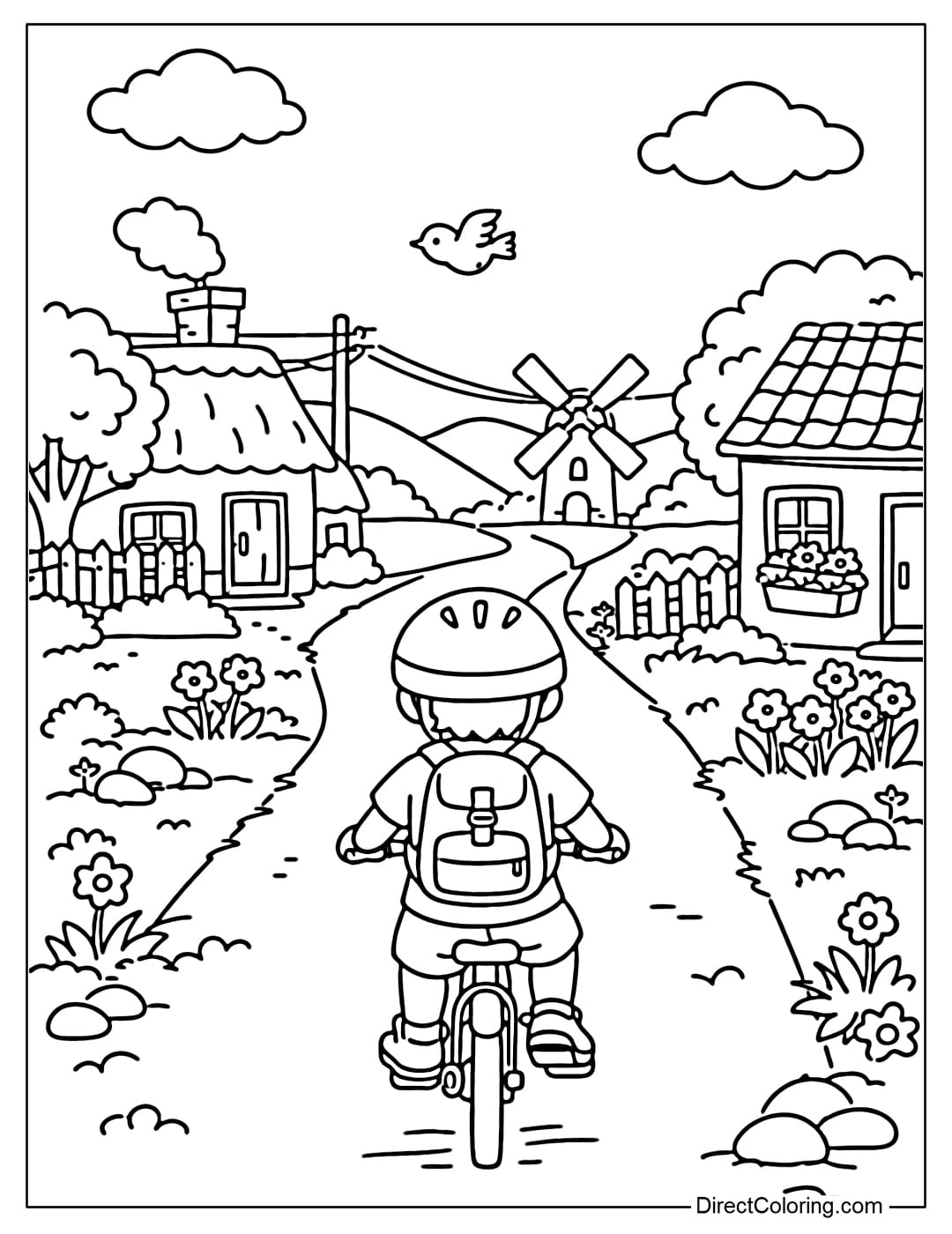 Coloring page depicting a person riding a bicycle on a village road with houses on either side.