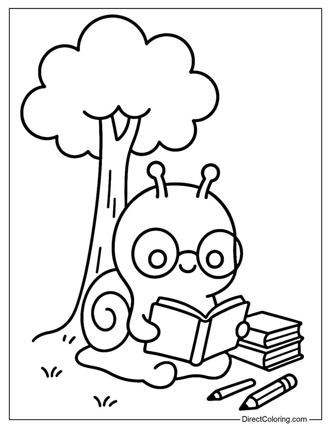 Coloring page The snail wearing glasses, is reading a book, sitting under a small tree, next to a stack of books and a pencil.