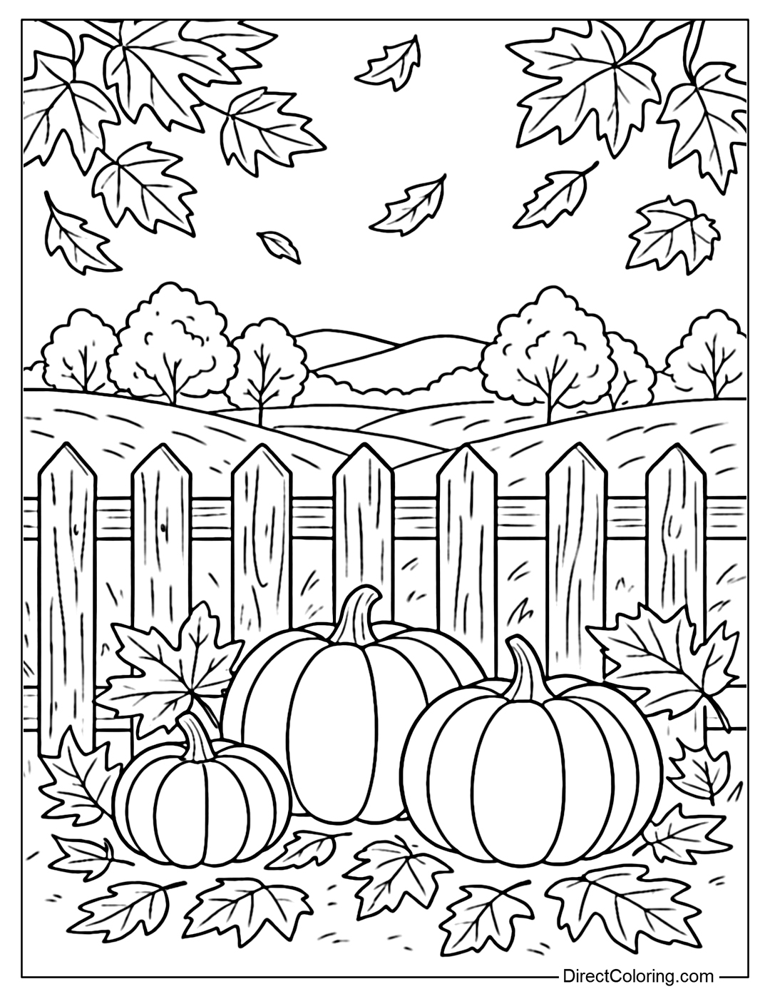 A long wooden fence coloring page, surrounded by red and yellow maple and oak leaves, with a few pumpkins leaning against the fence in front.