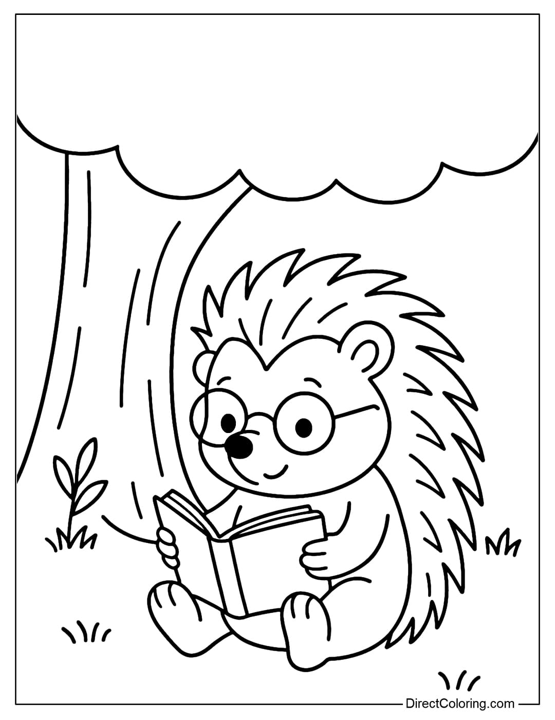Hedgehog Reading Book Coloring Page Coloring page of a little hedgehog wearing glasses, reading a book under a tree.