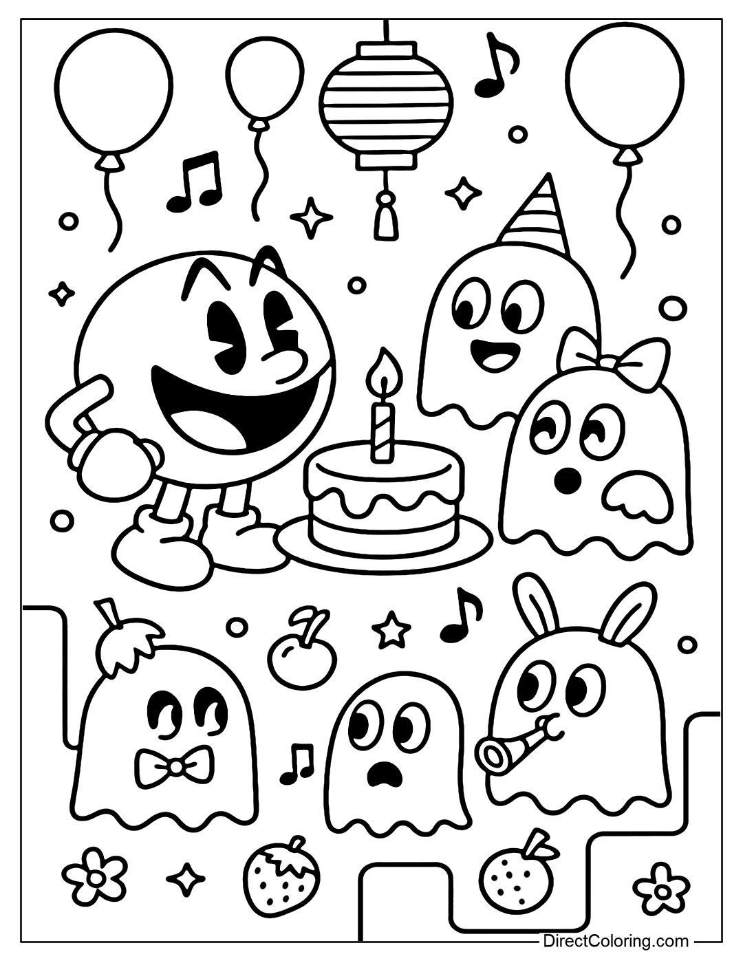 Coloring page of a small party between Pac-Man and ghosts, with a birthday cake, balloons, musical instruments and lanterns