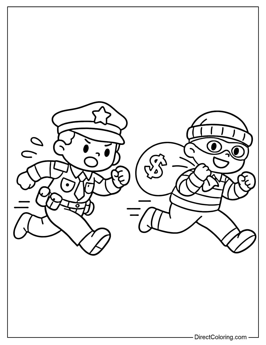 Coloring page of a police officer running to catch a thief.