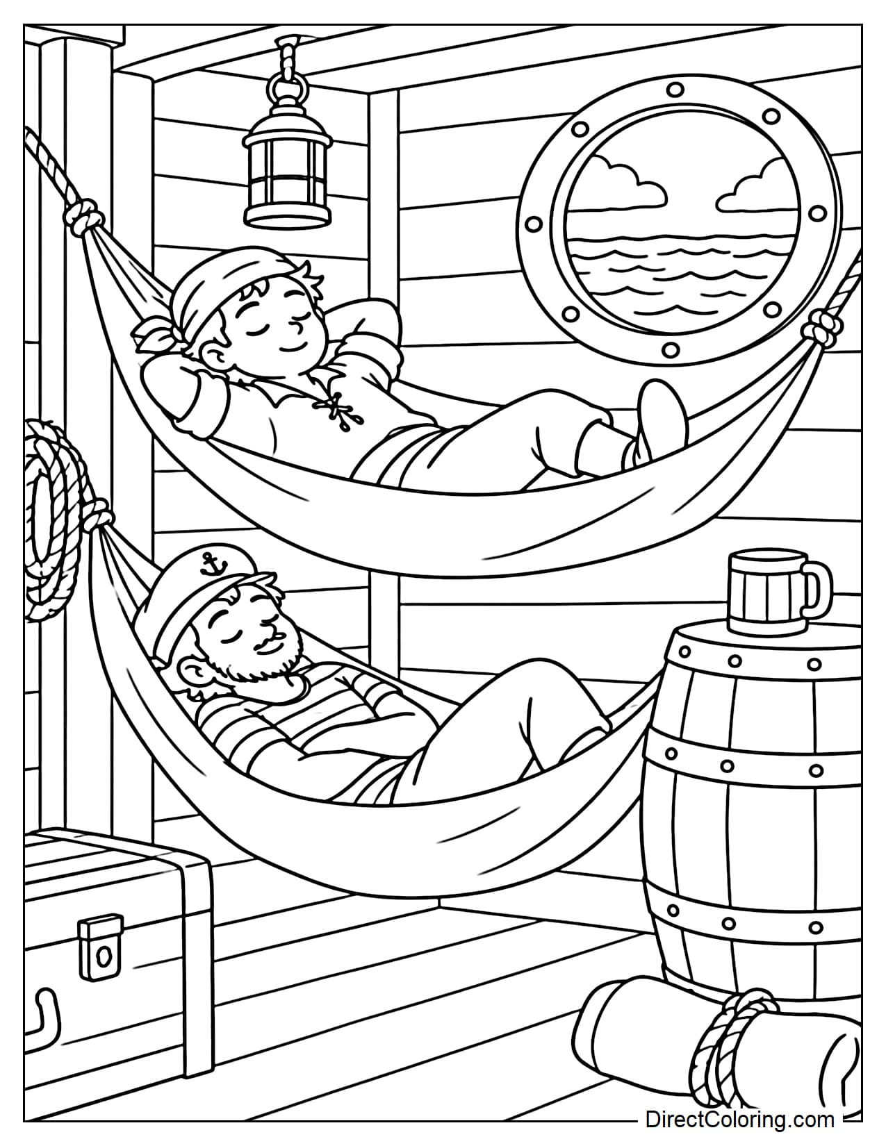 Inside the resting quarters of an old sailing ship, two sailors relax in separate hammocks, with a large wooden barrel nearby and a round porthole looking outside.