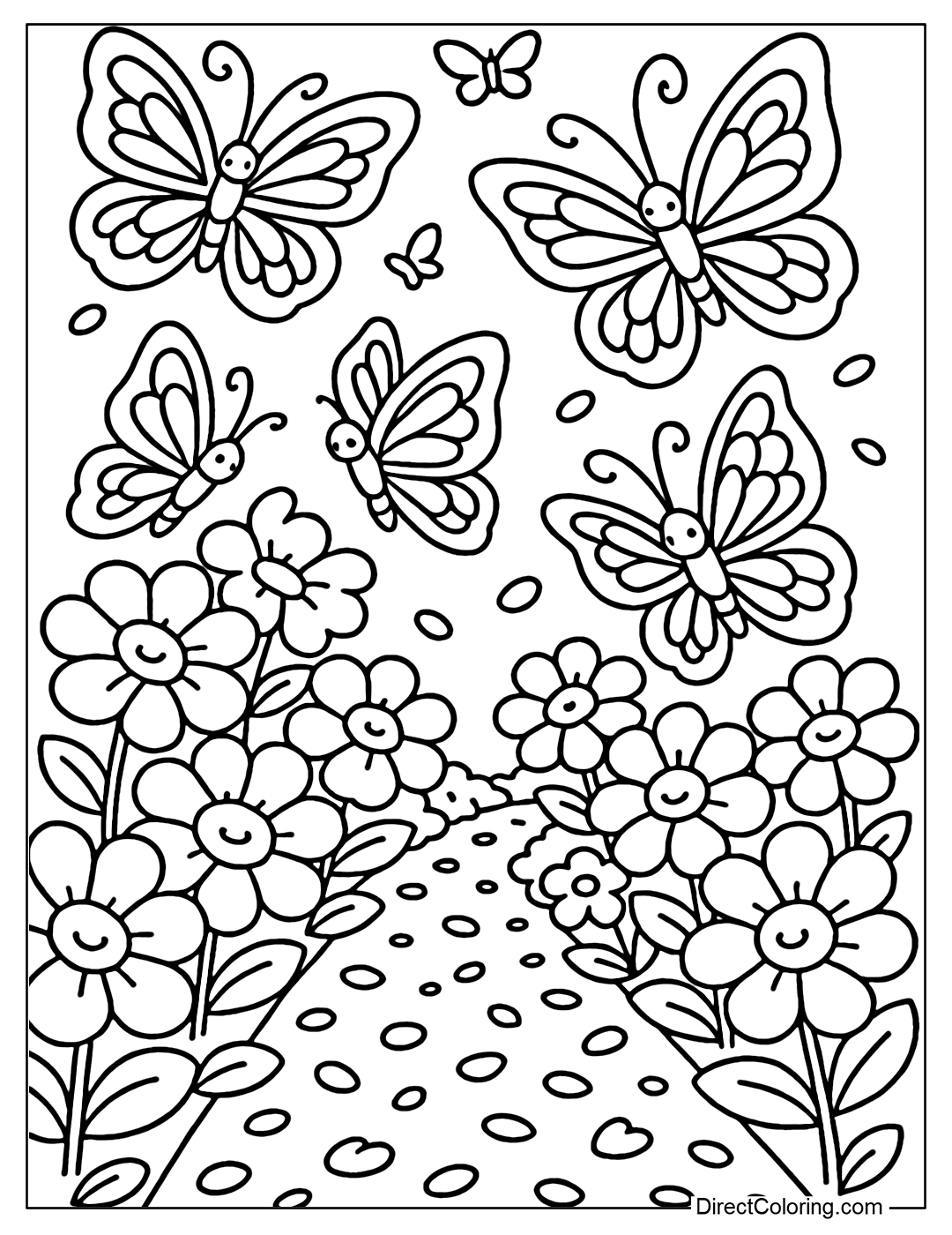 A romantic flower path coloring page covered with falling petals, with flower bushes on both sides, Many butterflies fluttering on the flower bushes, some butterflies resting lightly on the flower petals.