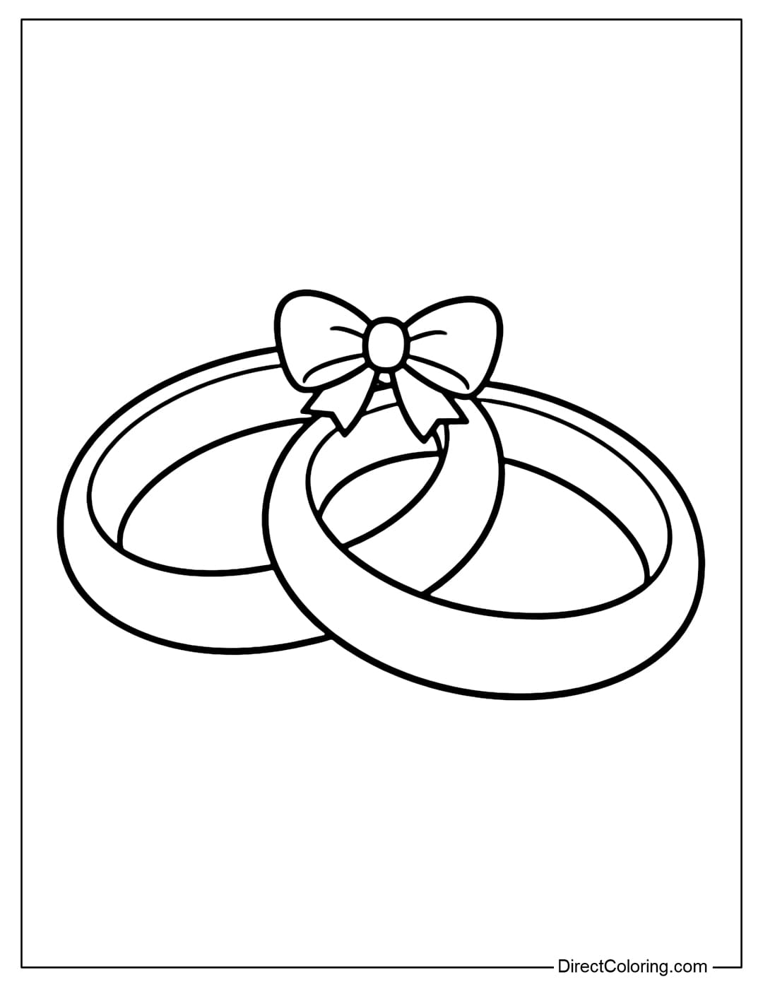 A coloring page of two round wedding rings placed gently on top of each other, topped with a cute little bow.