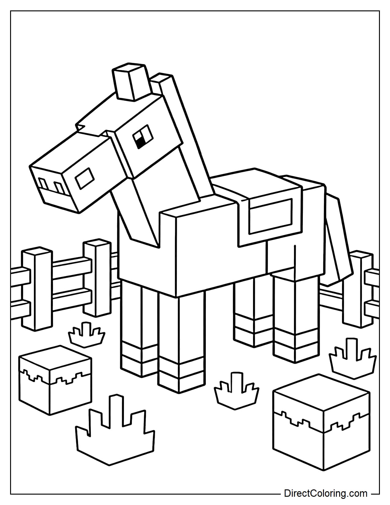 A Minecraft horse stands at a slight angle with a saddle on its back, surrounded by a few grass blocks and a simple fence.