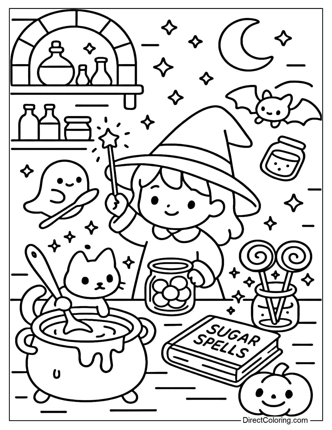 A magic workshop coloring page where the little witch is making candy spells.