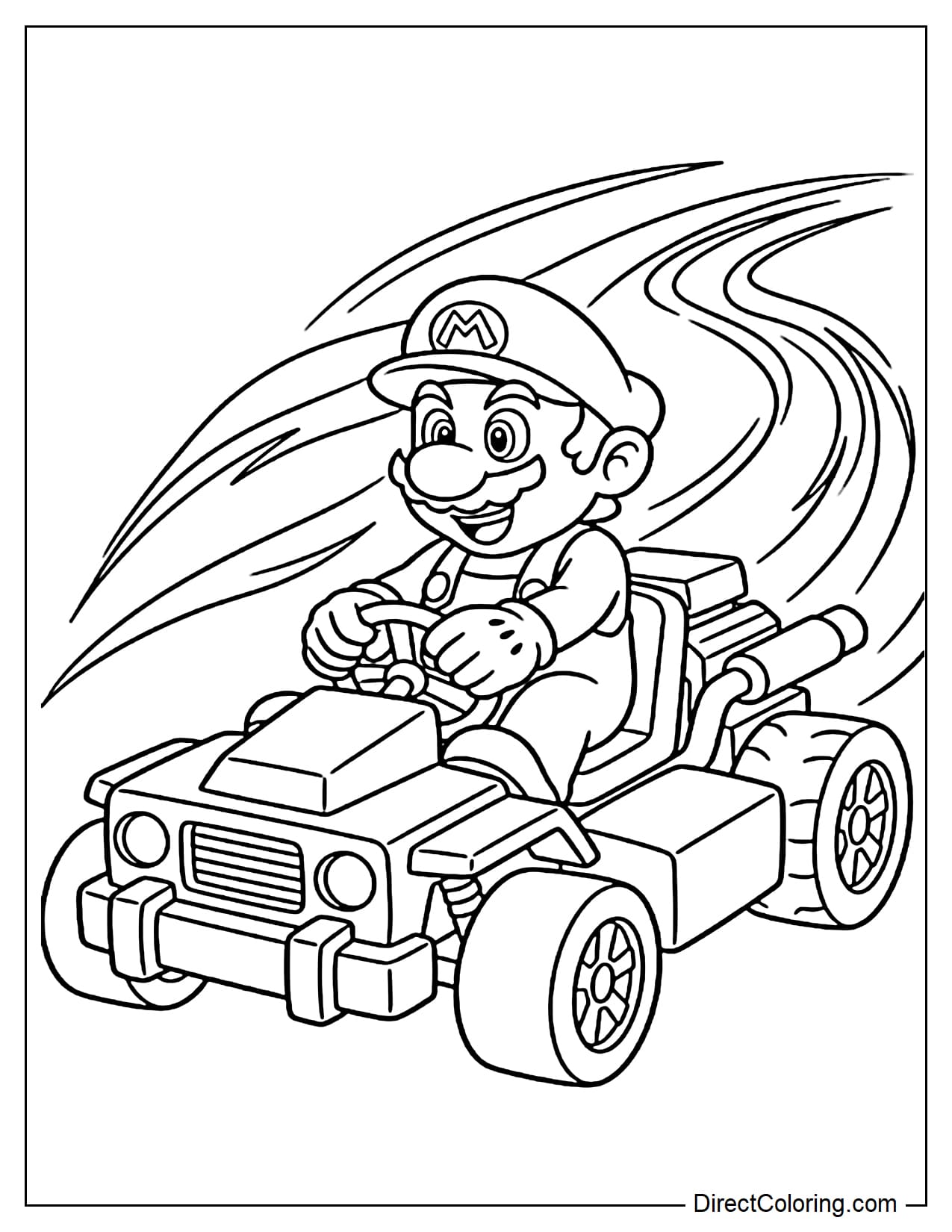 Mario drives a large kart with an excited expression, with a few curved speed lines behind him.