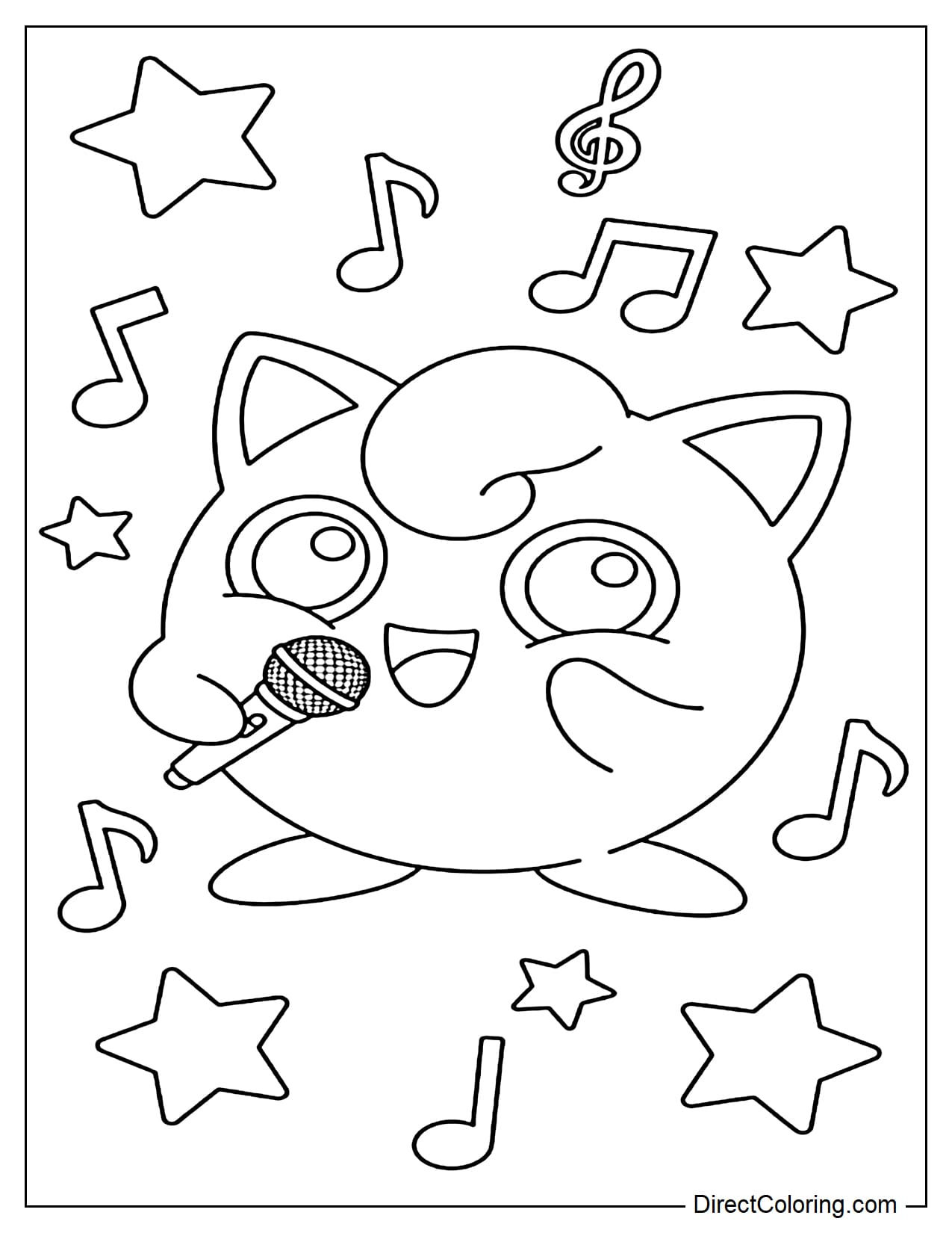 Jigglypuff stands happily singing with a small microphone, surrounded by musical notes and a large star.