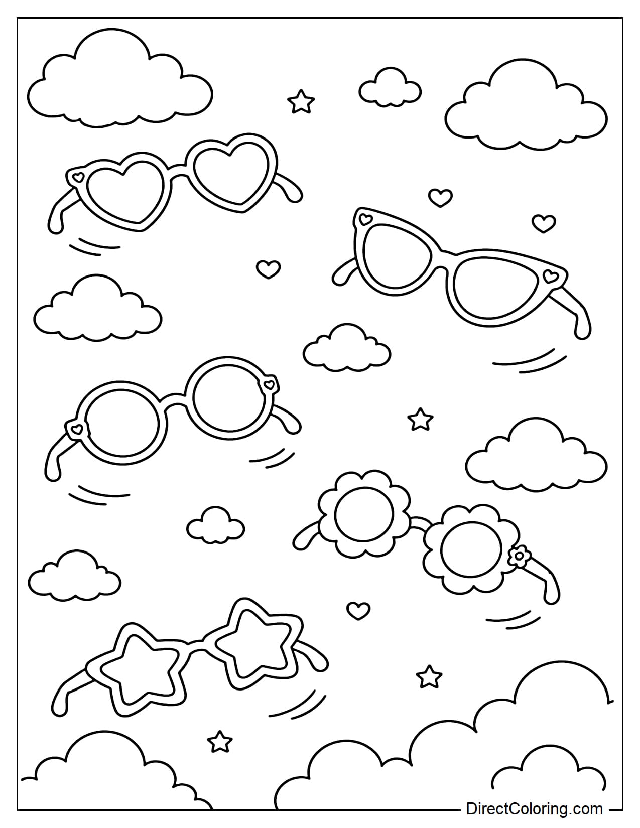 Sunglasses floating gently among simple clouds, drifting in the summer air.