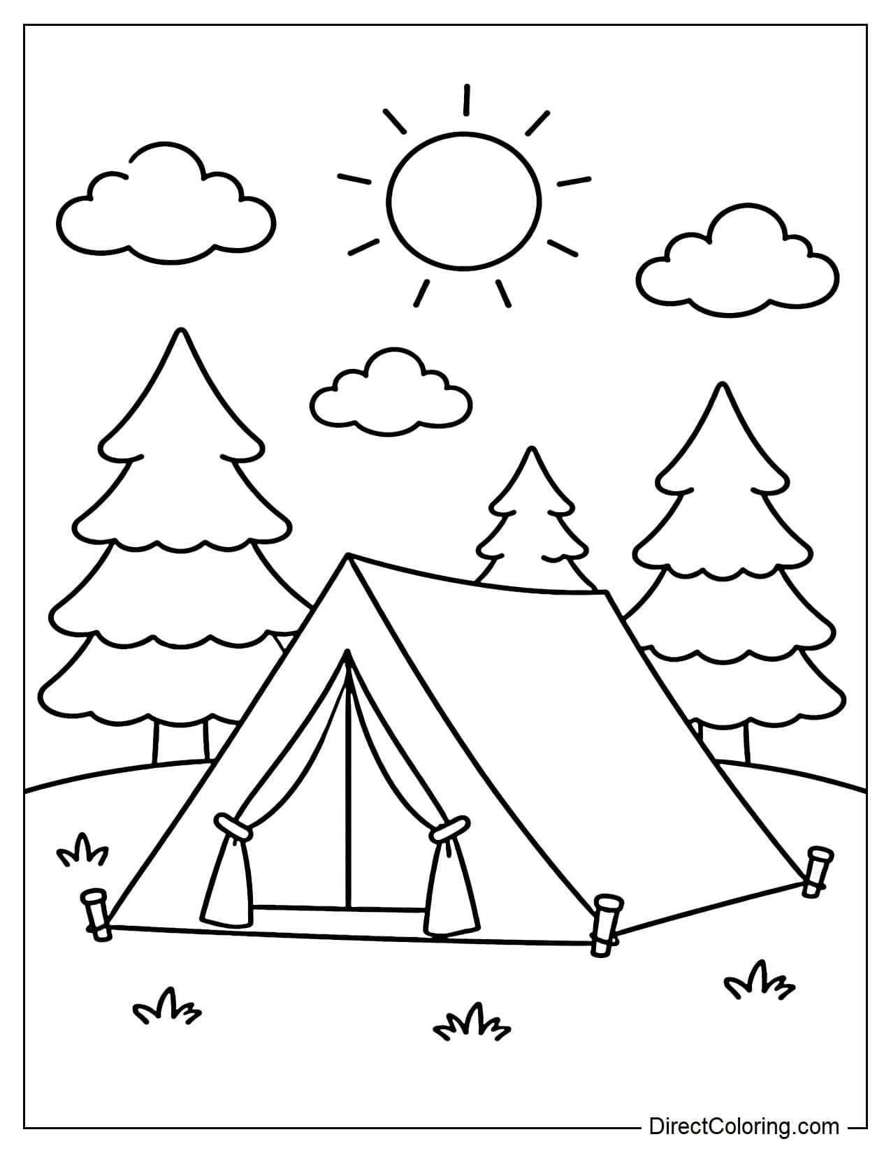 A simple camping tent, surrounded by a few pine trees, the sun, and some round clouds.