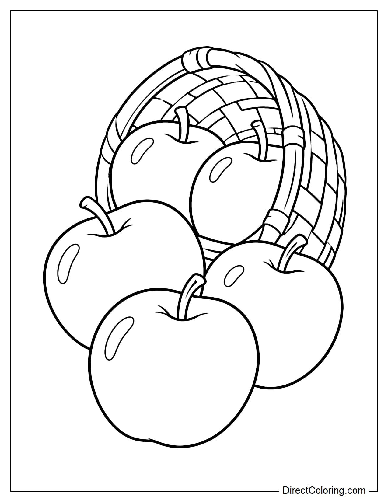 A small tilted basket with three large apples rolling out in front and two apples remaining inside.