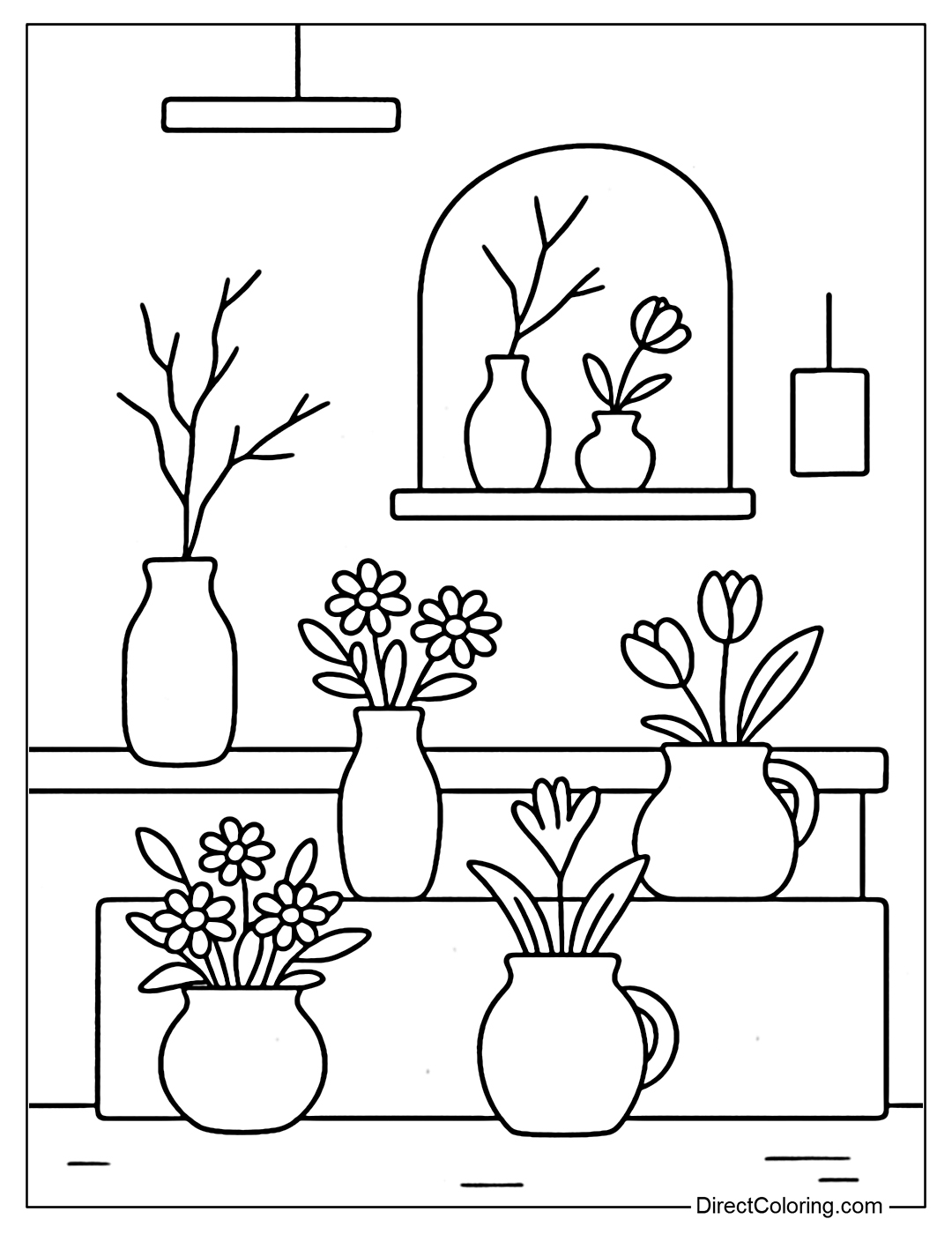 Minimalist wabi-sabi style flower shop coloring page, rough pottery, dry branches, breathing space
