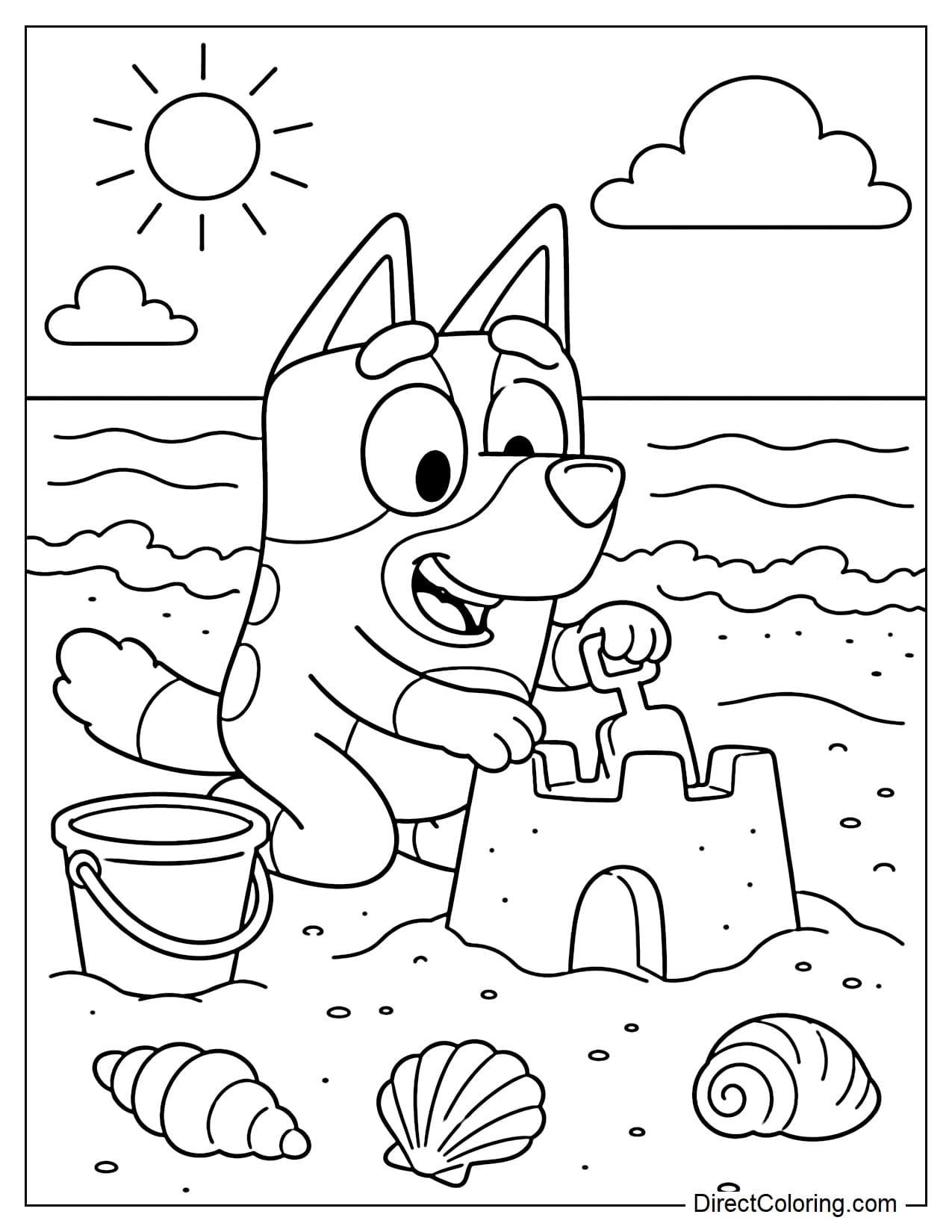 Bluey is playing on the beach in summer, building a simple sandcastle with a bucket and shovel, surrounded by a few seashells and gentle waves.