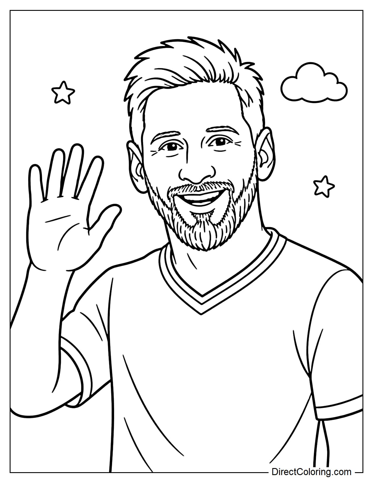 A half-body portrait of Lionel Messi smiling and waving, with a happy and friendly expression.