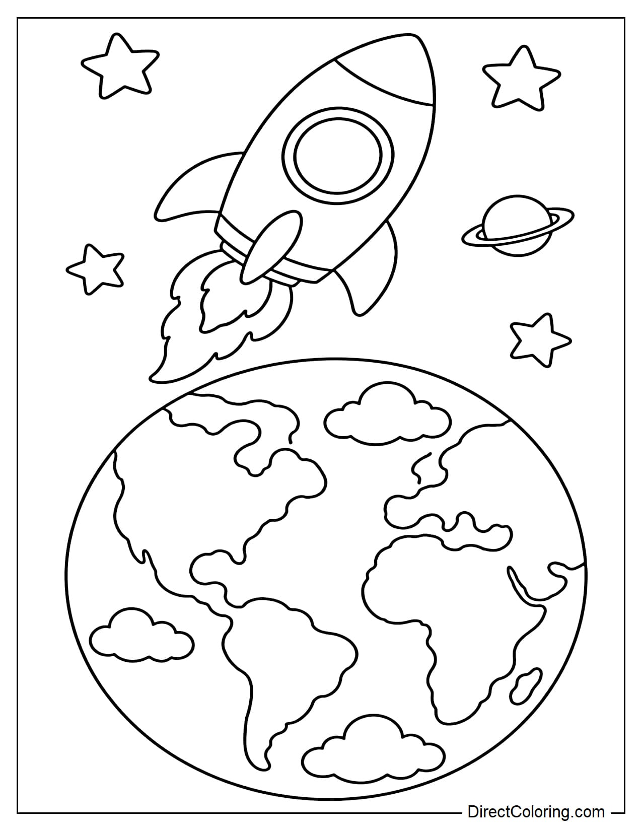 A rocket flying above Earth, with a few stars and a small planet visible in the distance.