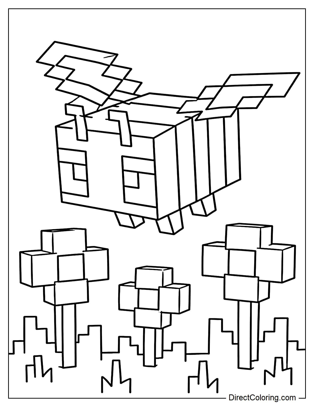 A Minecraft bee flies above a few large, simple blocky flowers.