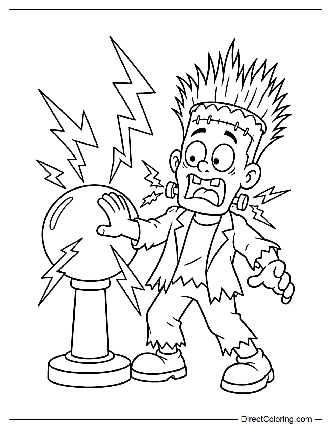 Frankenstein touches a large electric sphere with one hand, making his hair stand on end as sparks shoot from his neck bolts and his eyes open wide.