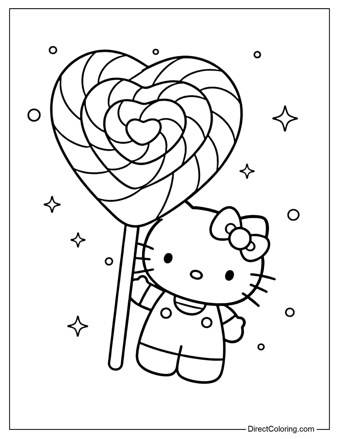 A coloring page featuring Hello Kitty holding a large, rounded heart-shaped lollipop, surrounded by small dots and stars.