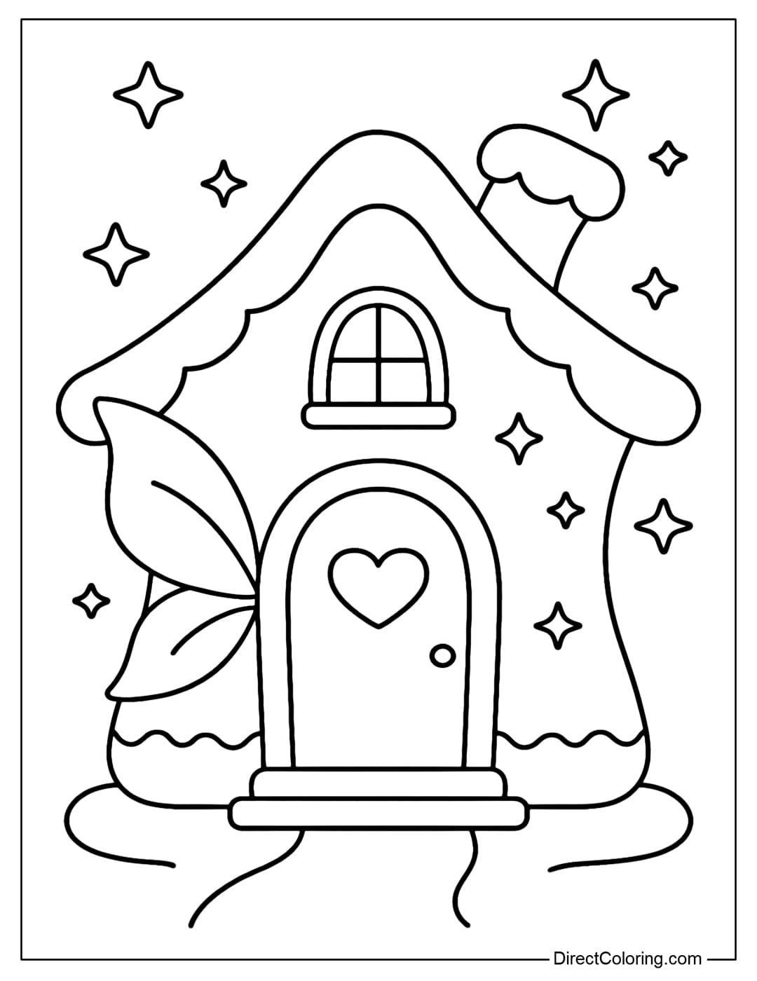 A fairy gingerbread house coloring page with a heart-shaped door, a soft curved roof, and shining stars all around.