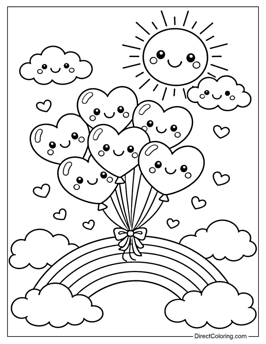 A coloring page of a cluster of heart-shaped balloons flying above a rainbow, with the sun and clouds.