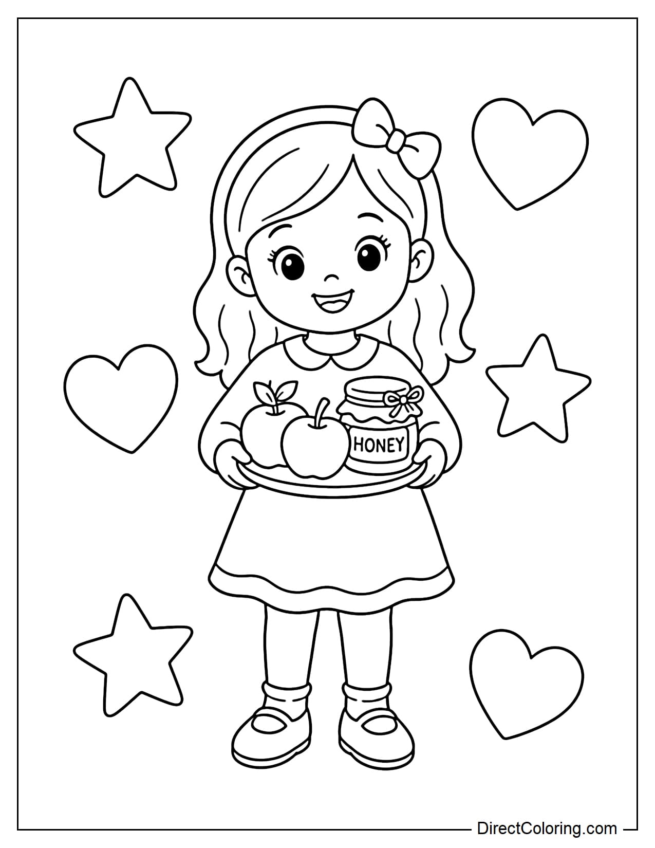 A young girl in simple holiday attire, smiling as she holds a plate with apples and a small jar of honey; stars and hearts decorate the background.
