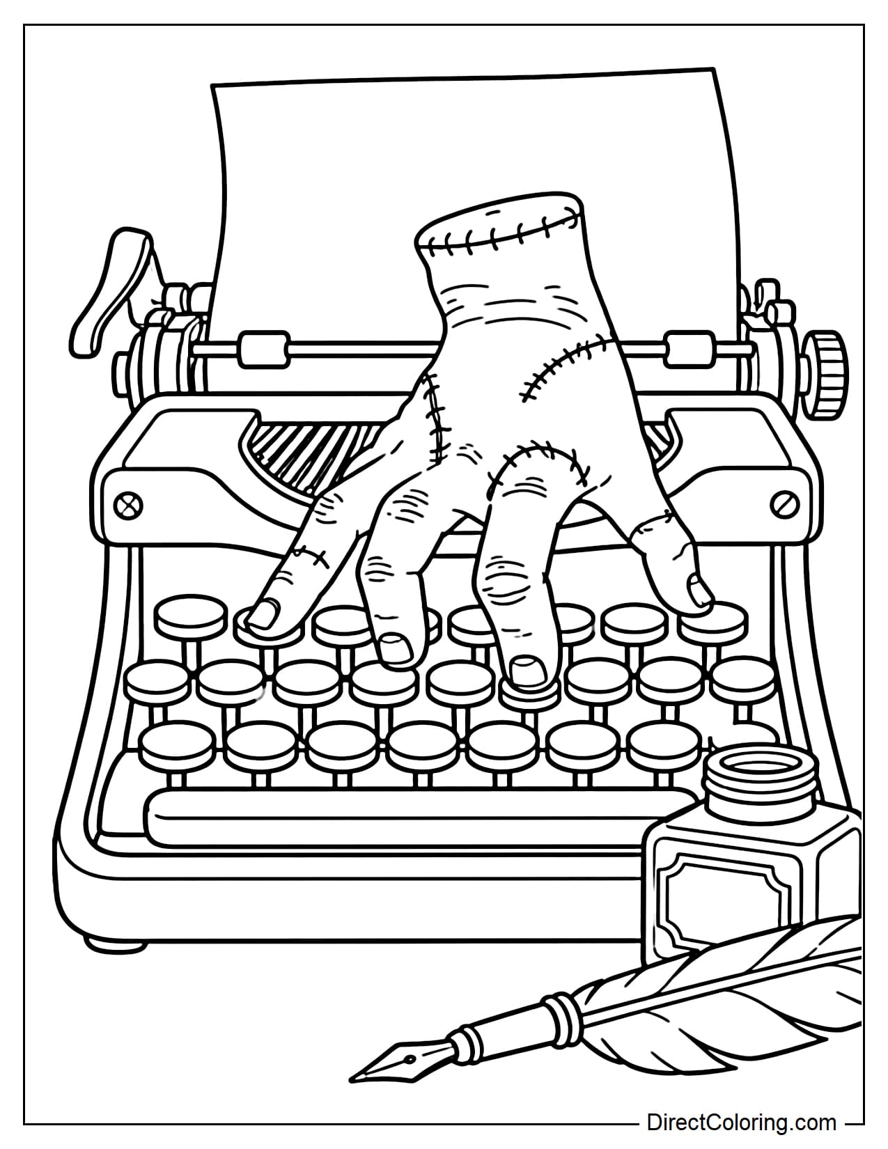 Thing crawls across a large vintage typewriter with a sheet of paper sticking out from the top, while a large ink bottle and quill pen sit beside it.