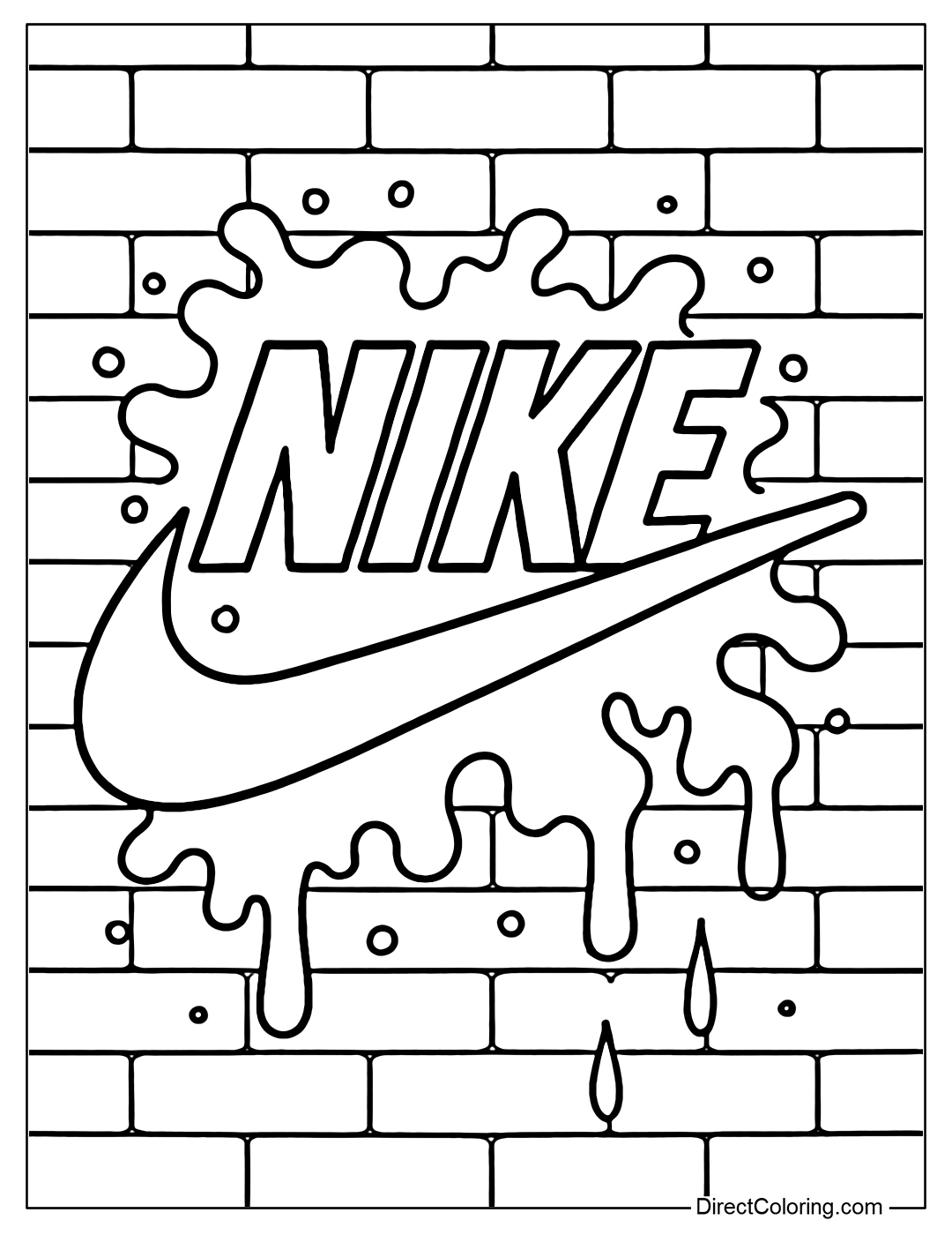 Nike logo coloring page in graffiti style with many different colors, the background is a brick wall with paint stains.