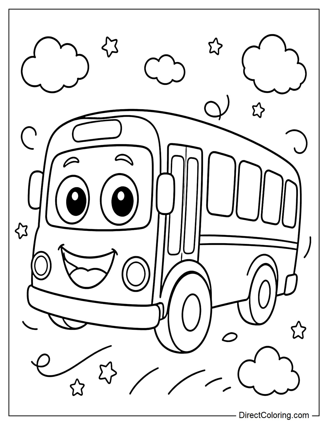 A school bus with a big smiley face and big round eyes, windows shaped like eyes and a smiling mouth, large round wheels, a side view, surrounded by clouds and small stars.