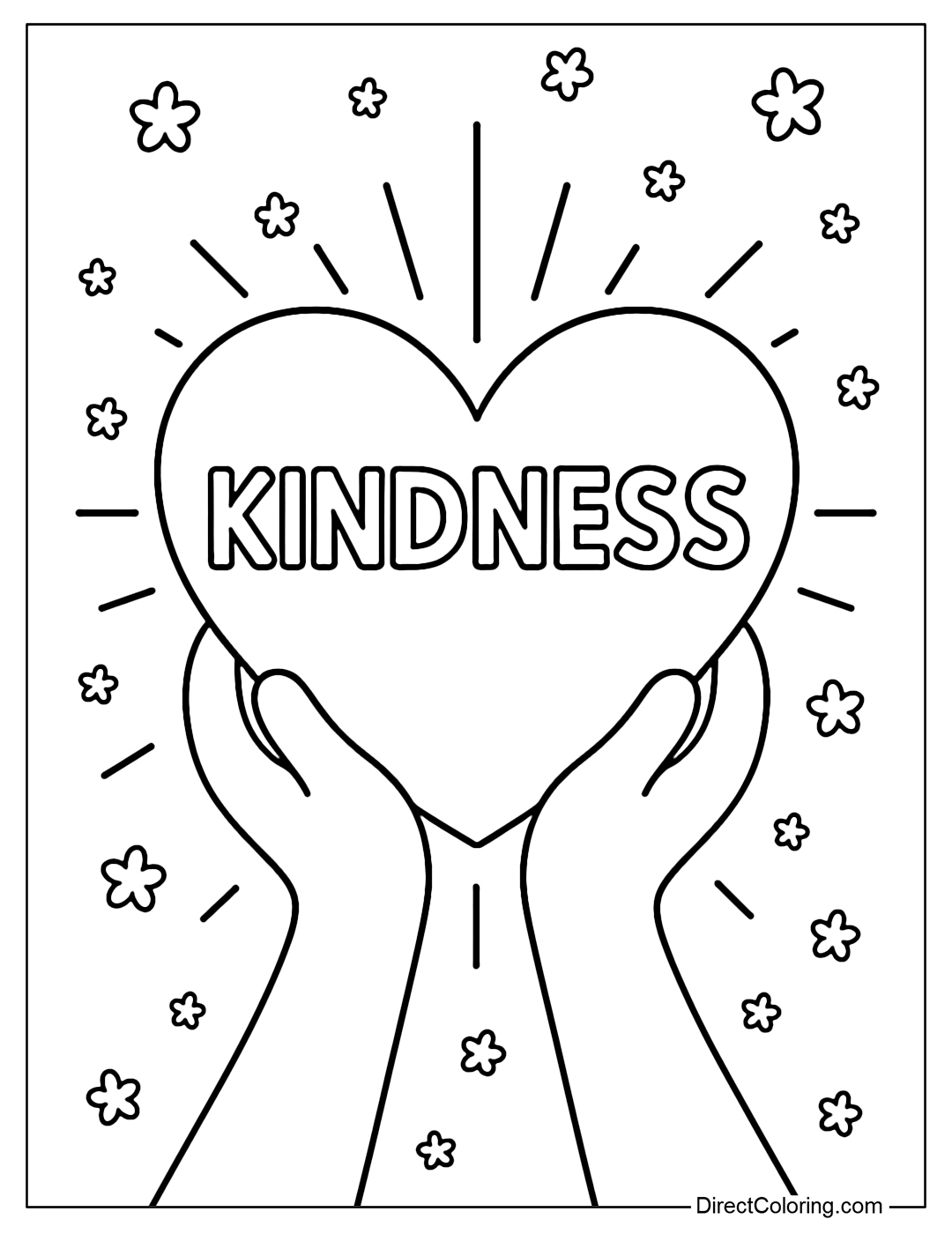 Coloring page of two hands holding a glowing heart, inside is the word 