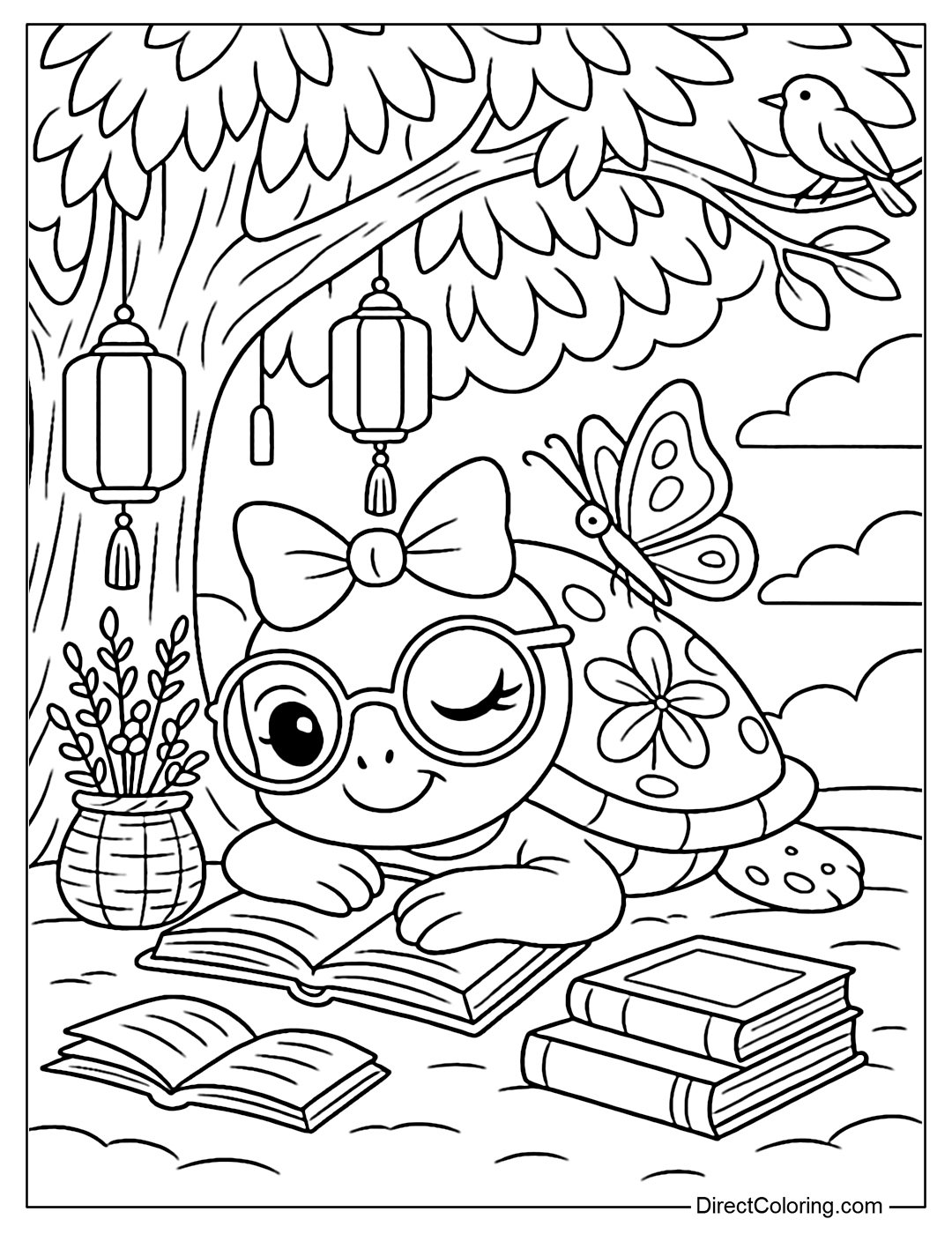 A coloring page of a turtle lying under a large tree, with a book on its head, surrounded by lanterns, a basket of dried flowers, a few open books and a little bird perched on a branch.