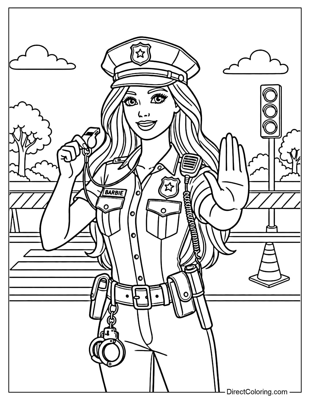 A coloring page of Barbie as a police officer maintaining order.