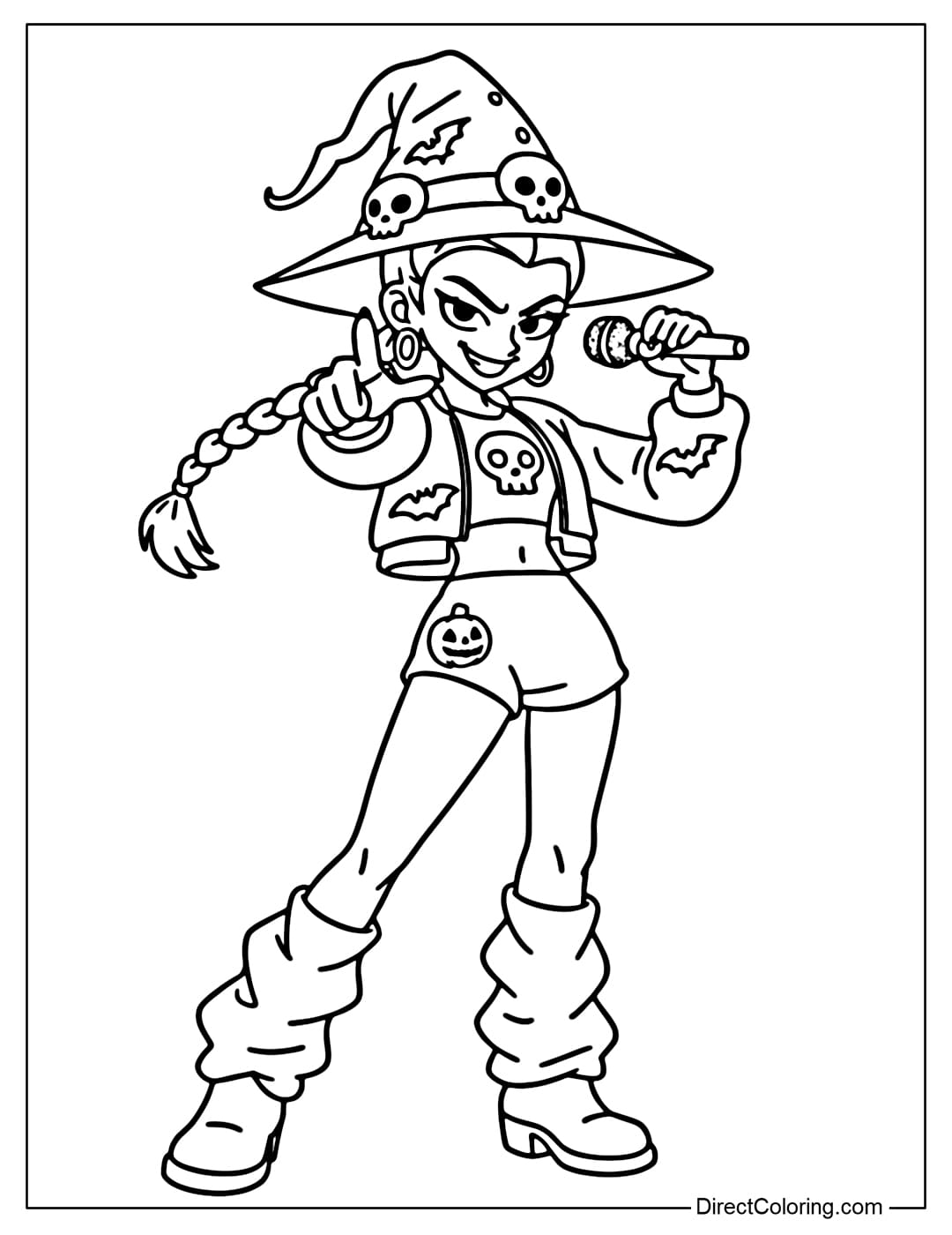 Coloring Page of Rumi from KPop Demon Hunters rocks the stage in her witch outfit.