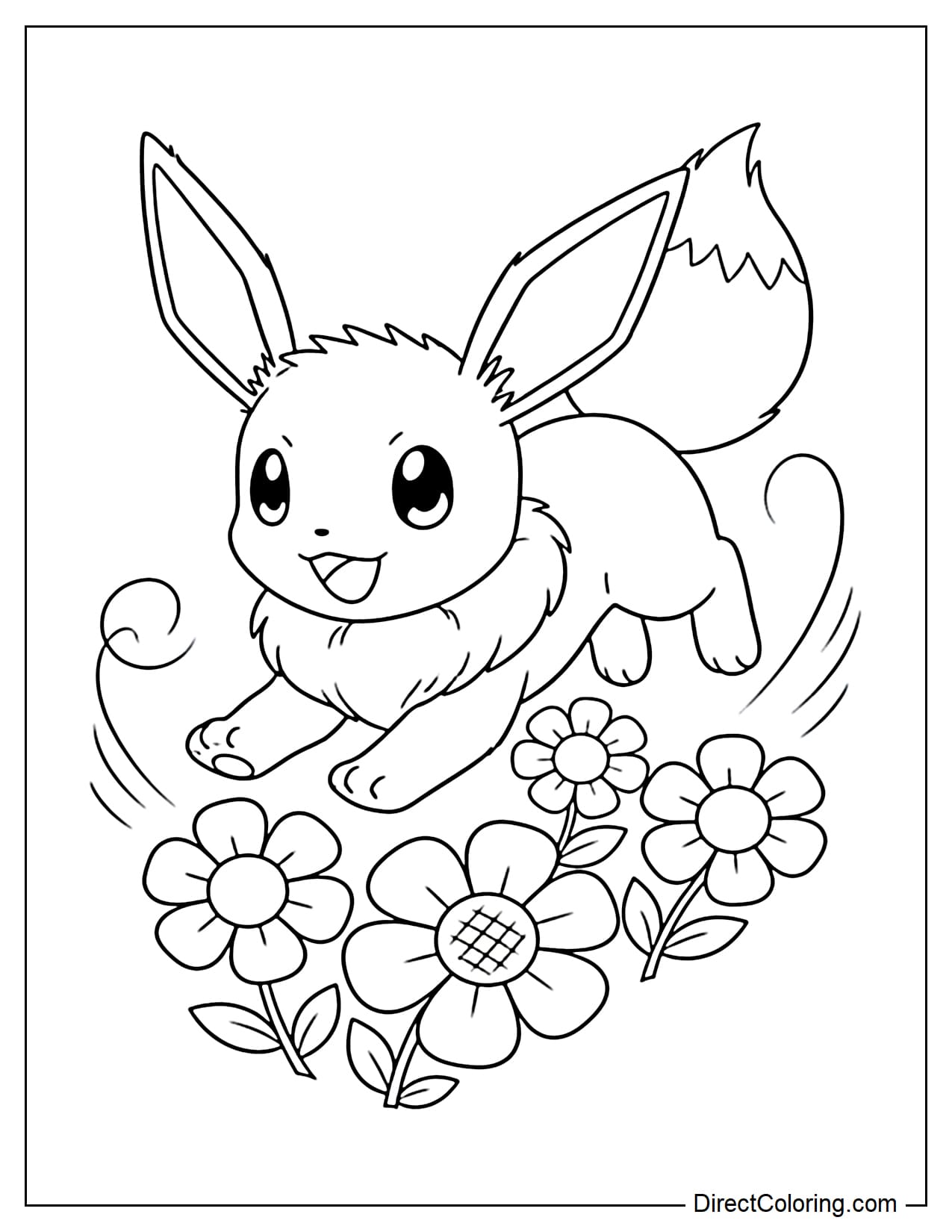 Eevee is happily running through a small patch of flowers, its fluffy tail curled up, with several large flowers underneath.